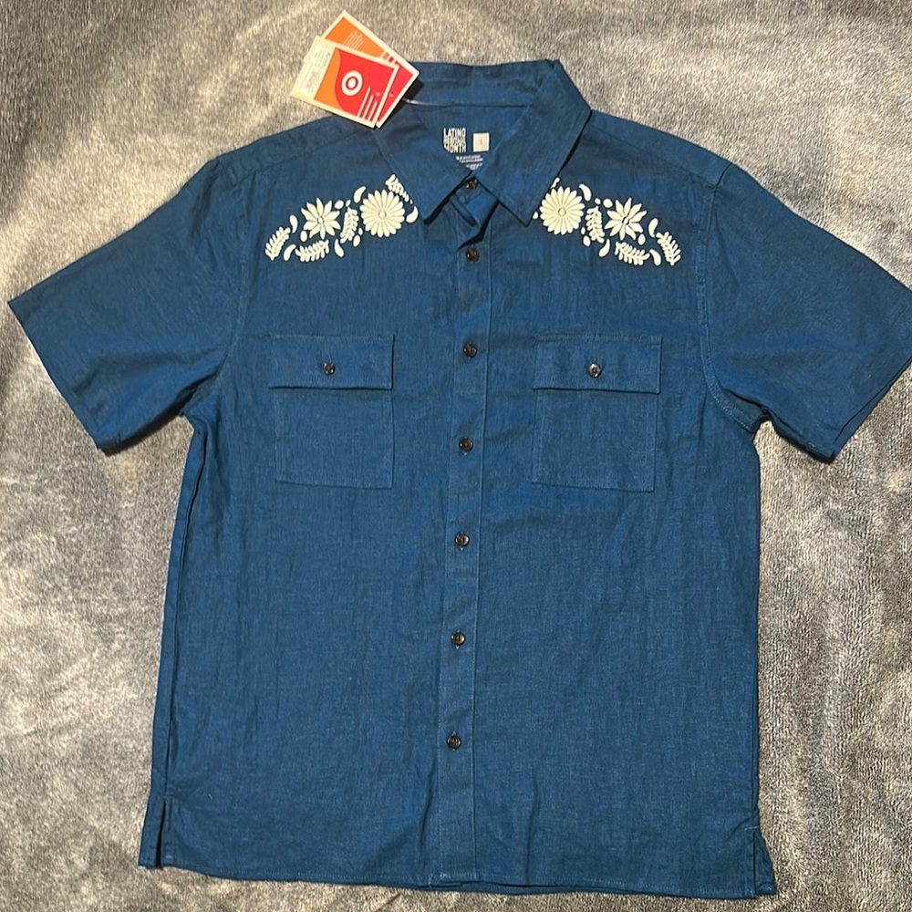 Men's Blue Floral Embroidered Shirt